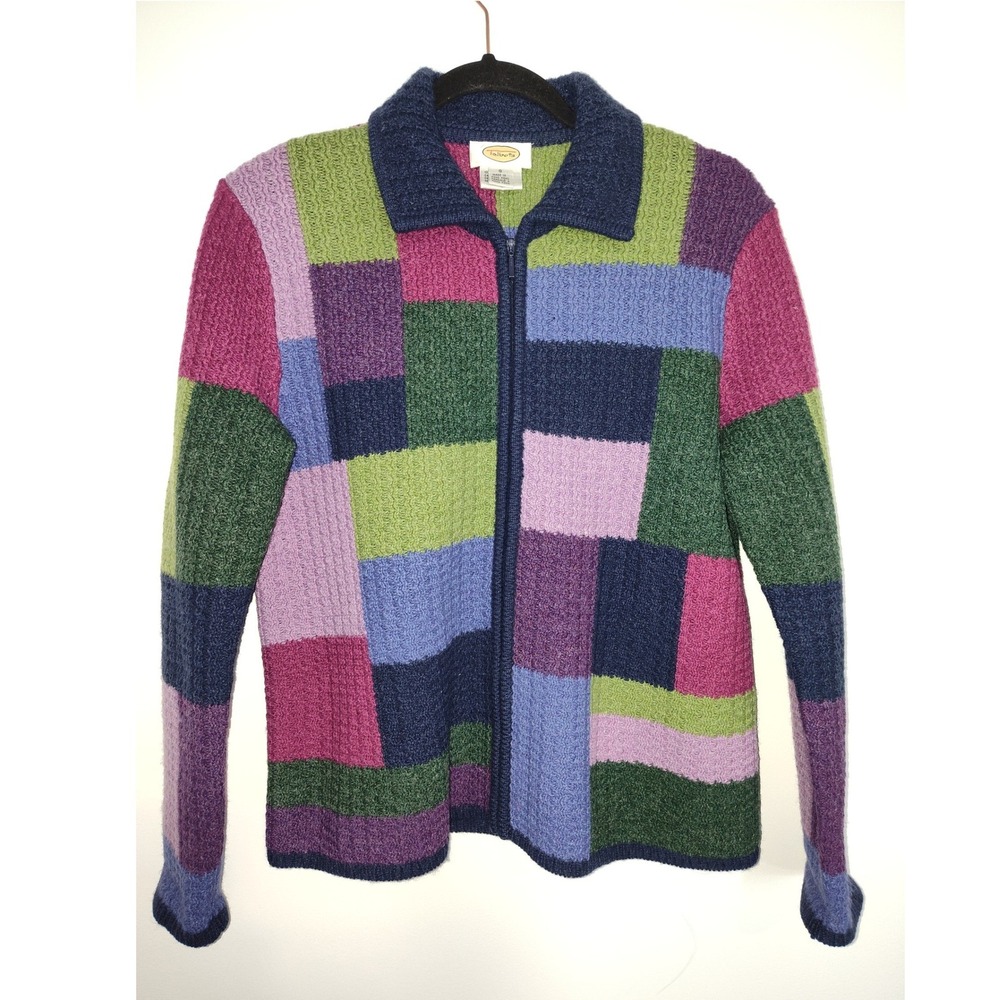 Talbots Womens 100% Wool Colorblock Patchwork Full Zip Cardigan Sweater Small